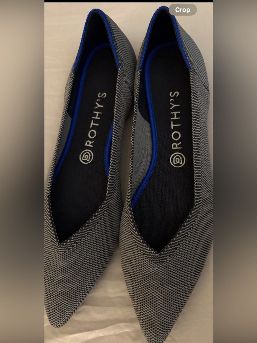 Rothy's Women’s Gray Knit Pointed Slip-On Flats with Blue Trim